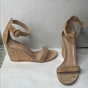 Gianvito Rossi Sz 38 Nude Suede 3.5” Cork Wedge Sandals